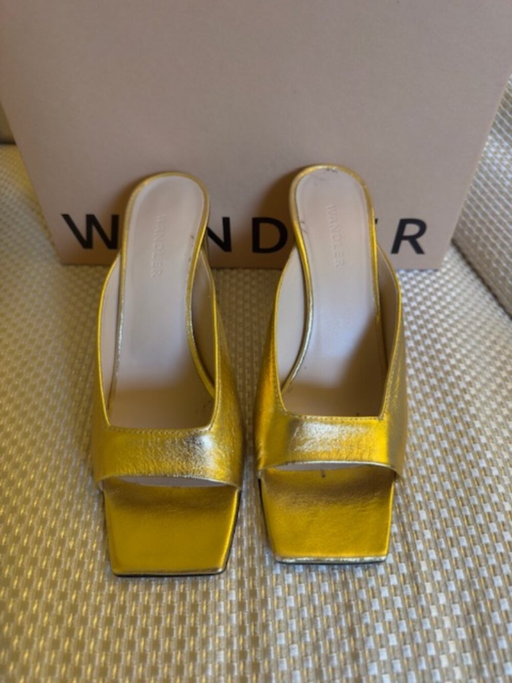Wandler Gold Metallic Leather Square-Toe Mule Heels, size 7